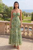 Halter Cut Out Dusty Green Floral A Line Maxi Dress