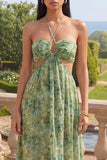 Halter Cut Out Dusty Green Floral A Line Maxi Dress