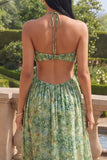 Halter Cut Out Dusty Green Floral A Line Maxi Dress