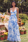 White Blue Floral Spaghetti Straps A Line Ruffled Maxi Dress