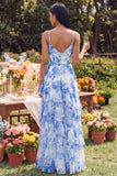 White Blue Floral Spaghetti Straps A Line Ruffled Maxi Dress