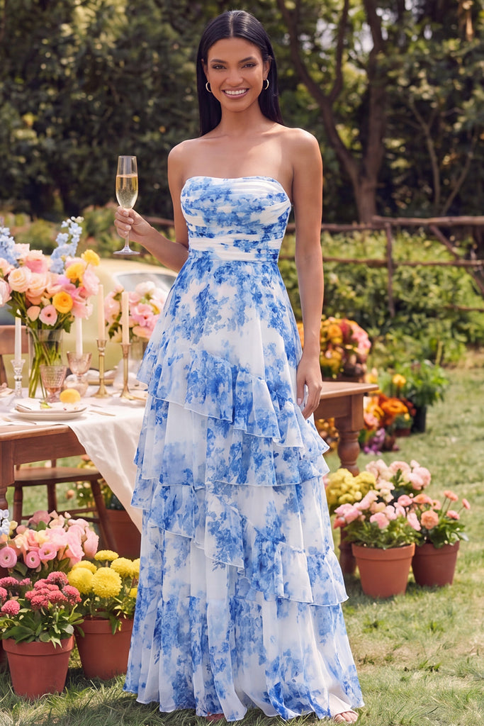 Zapaka Women White Blue Floral Maxi Dress Strapless A Line Ruffled