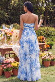 White Blue Floral Strapless A Line Ruffled Maxi Dress