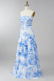 White Blue Floral Strapless A Line Ruffled Maxi Dress