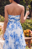 White Blue Floral Strapless A Line Ruffled Maxi Dress