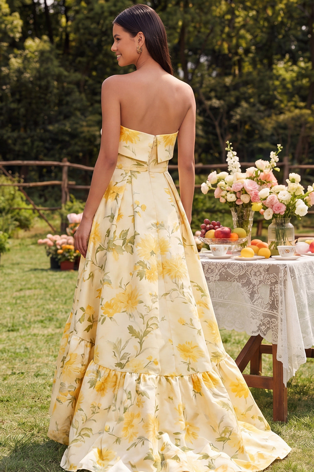 yellow floral wedding guest dress Wedtrend Women Square Neck Tulle A Line Long Party Dress, Yellow / US14 touch polyester with a smooth finish and a refined look The Dulcie Yellow Floral Mermaid