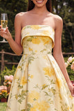Yellow Strapless A Line High-Low Floral Dress