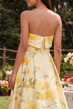 Yellow Strapless A Line High-Low Floral Dress