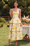 Strapless Yellow Floral A Line Tiered Midi Dress