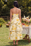 Strapless Yellow Floral A Line Tiered Midi Dress