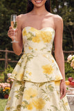 Strapless Yellow Floral A Line Tiered Midi Dress