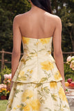 Strapless Yellow Floral A Line Tiered Midi Dress