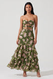 Dark Green Floral Strapless Cut Out Mermaid Ruffled Maxi Dress