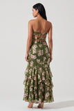 Dark Green Floral Strapless Cut Out Mermaid Ruffled Maxi Dress