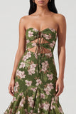 Dark Green Floral Strapless Cut Out Mermaid Ruffled Maxi Dress