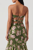 Dark Green Floral Strapless Cut Out Mermaid Ruffled Maxi Dress