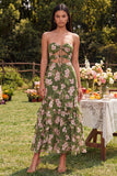 Dark Green Floral Strapless Cut Out Mermaid Ruffled Maxi Dress