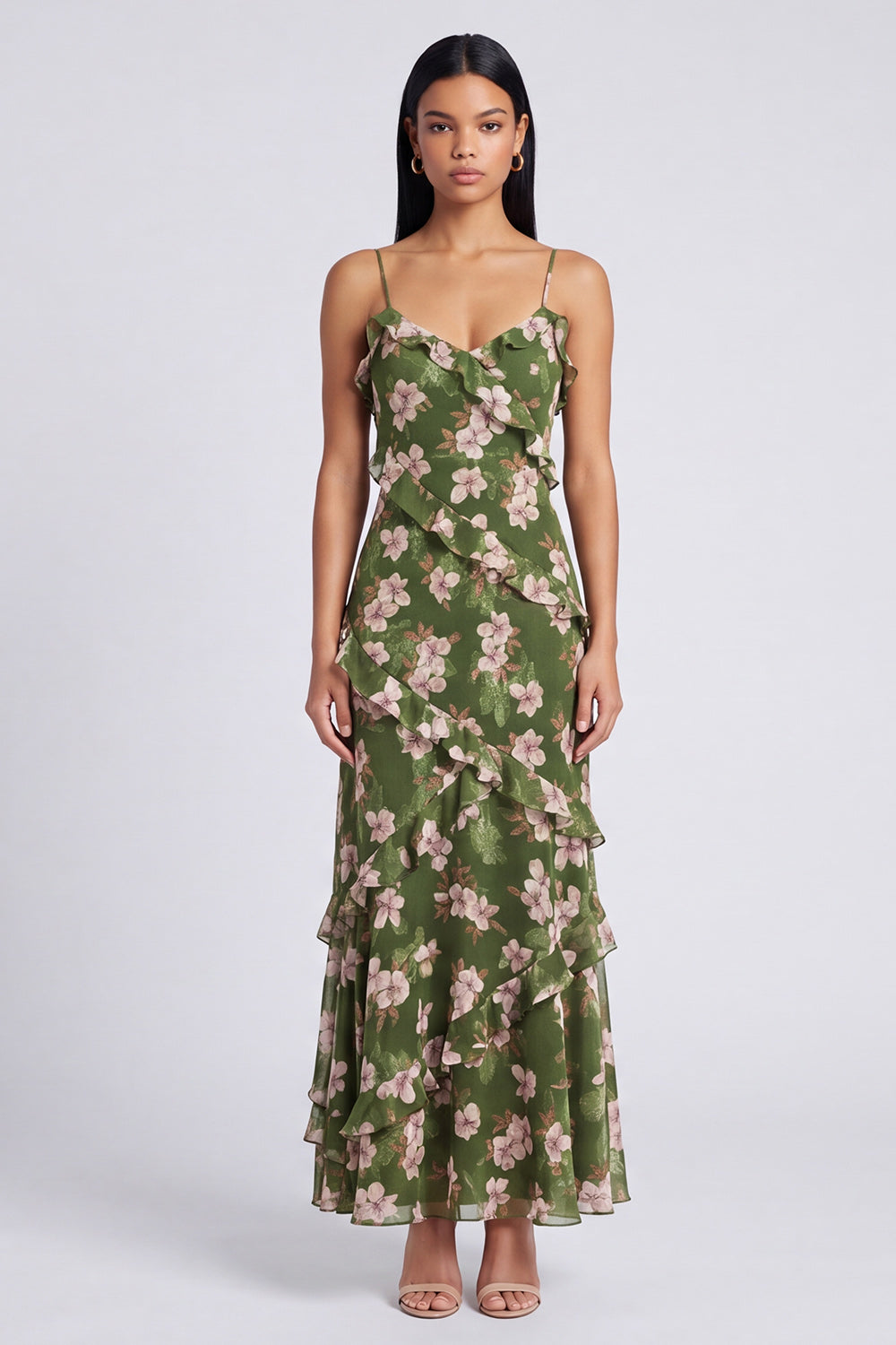 Zapaka Women Green Floral Wedding Guest Dress Spaghetti Straps Sheath Ruffled Bridesmaid Dress, Dark Green / US10