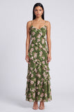Dark Green Floral Spaghetti Straps Sheath Ruffled Maxi Dress