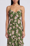 Dark Green Floral Spaghetti Straps Sheath Ruffled Maxi Dress
