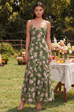 Dark Green Floral Spaghetti Straps Sheath Ruffled Maxi Dress