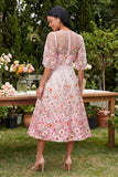 Pink A-Line Round Neck Embroidered Midi Floral Dress with Half Sleeves