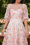 Pink A-Line Round Neck Embroidered Midi Floral Dress with Half Sleeves