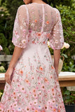 Pink A-Line Round Neck Embroidered Midi Floral Dress with Half Sleeves