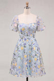 Blue Flower A-Line Square Neck Embroidered Midi Dress with Puff Sleeves
