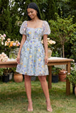 Blue Flower A-Line Square Neck Embroidered Midi Dress with Puff Sleeves