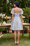 Blue Flower A-Line Square Neck Embroidered Midi Dress with Puff Sleeves