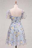 Blue Flower A-Line Square Neck Embroidered Midi Dress with Puff Sleeves