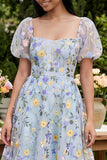 Blue Flower A-Line Square Neck Embroidered Midi Dress with Puff Sleeves