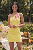Yellow One Shoulder Bodycon Embroidered Floral Mini Dress