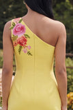Yellow One Shoulder Bodycon Embroidered Floral Mini Dress