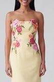 Light Yellow Strapless Sheath Long Floral Dress