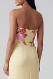 Light Yellow Strapless Sheath Long Floral Dress