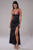 Black Square Neck Ruched Satin Sheath Long Floral Dress with Slit