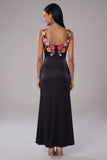 Black Square Neck Ruched Satin Sheath Long Floral Dress with Slit