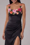 Black Square Neck Ruched Satin Sheath Long Floral Dress with Slit