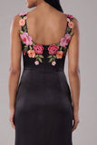 Black Square Neck Ruched Satin Sheath Long Floral Dress with Slit