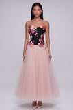 A-Line Black and Pink Strapless Tulle Long Floral Dress