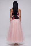 A-Line Black and Pink Strapless Tulle Long Floral Dress