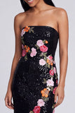 Sparkly Black Strapless Sheath Long Floral Sequins Dress