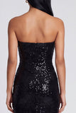 Sparkly Black Strapless Sheath Long Floral Sequins Dress