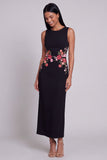 Black Sheath Round Neck Floral Long Formal Dress