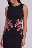 Black Sheath Round Neck Floral Long Formal Dress