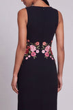 Black Sheath Round Neck Floral Long Formal Dress