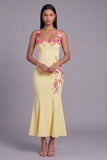 Light Yellow Mermaid Long Floral Dress with Appliques