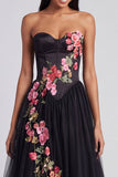 A-Line Black Sweetheart Tulle Floral Long Formal Dress